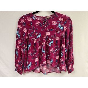 True Craft Womens Tunic Long Sleeve Crew neck Blouse Burgundy Floral Size Large